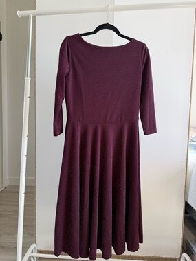 Plum colored fit and flare midi sparkle dress